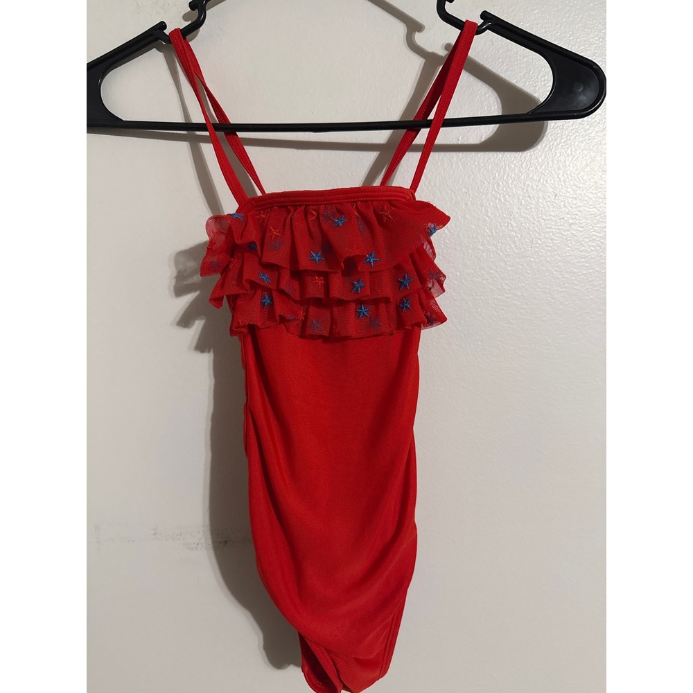 Cat & Jack Girls Red Star Ruffle One Piece Swimsuit Size 5T Patriotic Mesh